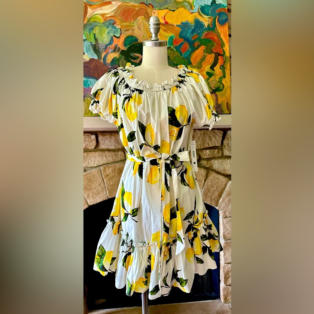 Aqua Brand sundress with belt in size Medium. Bright lemon yellow pattern